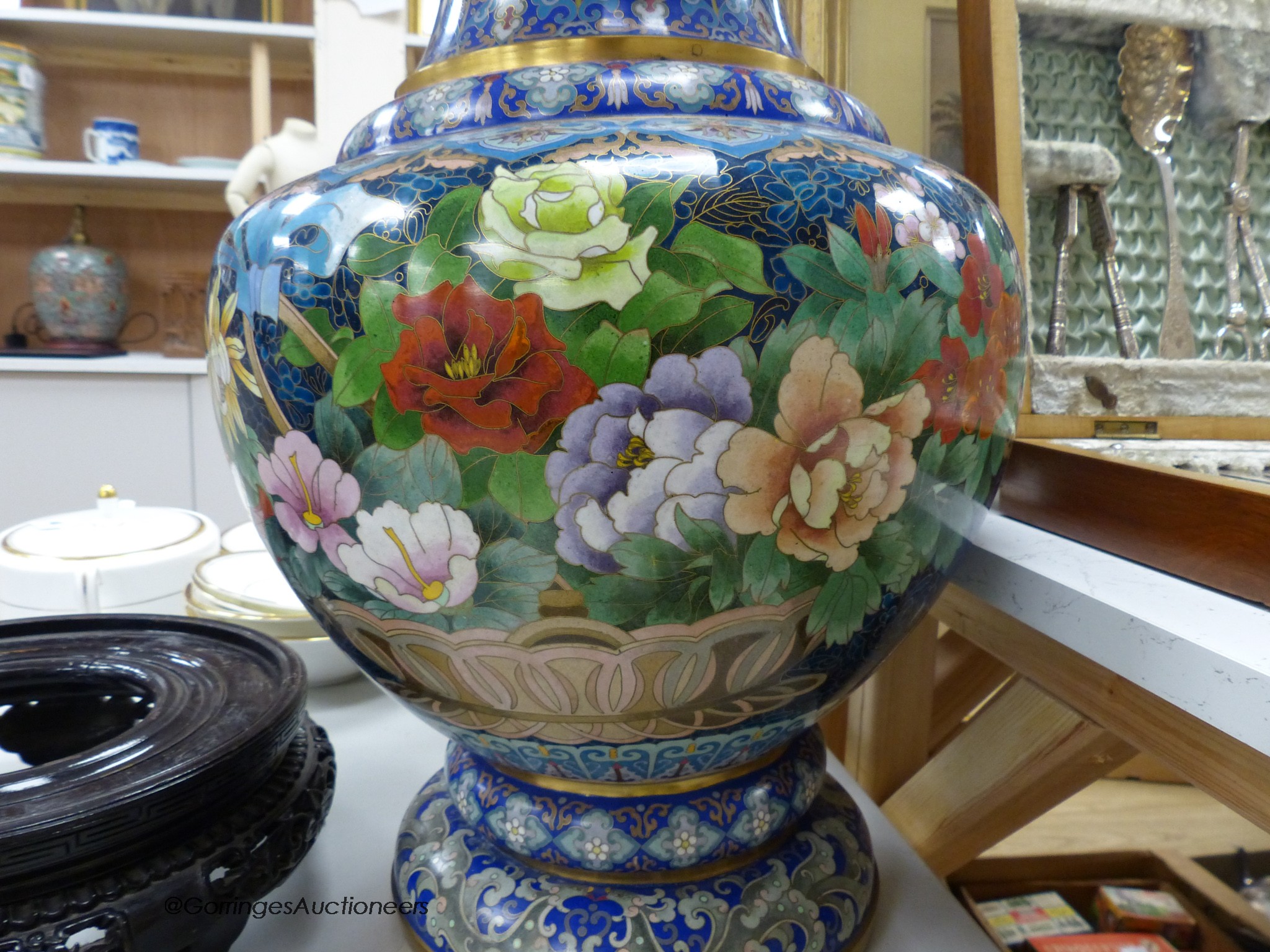 A large Chinese cloisonne enamel vase on stand, height 64cm excl. stand